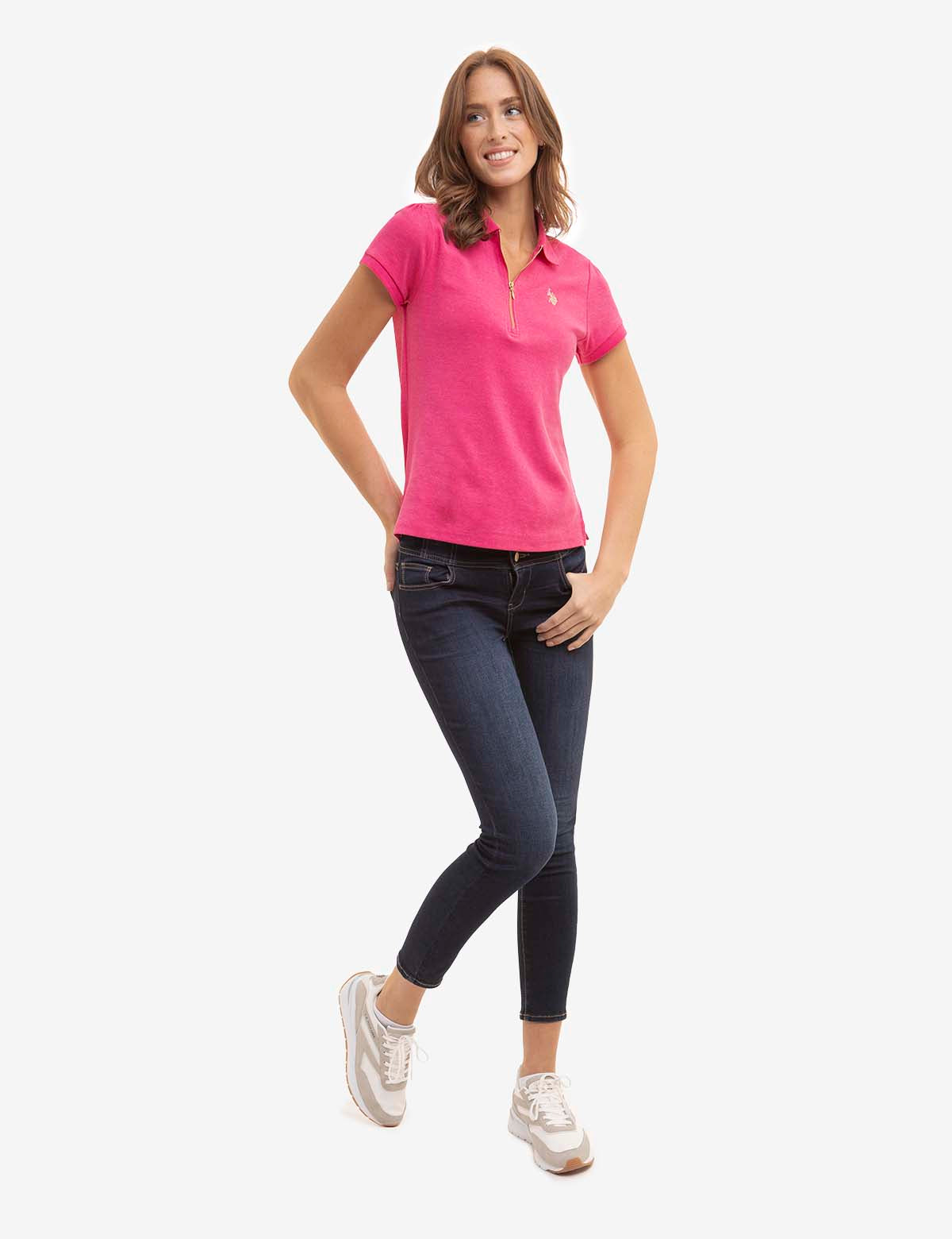 Women's Heather Polo Shirt with Half Zip & Puff Sleeves