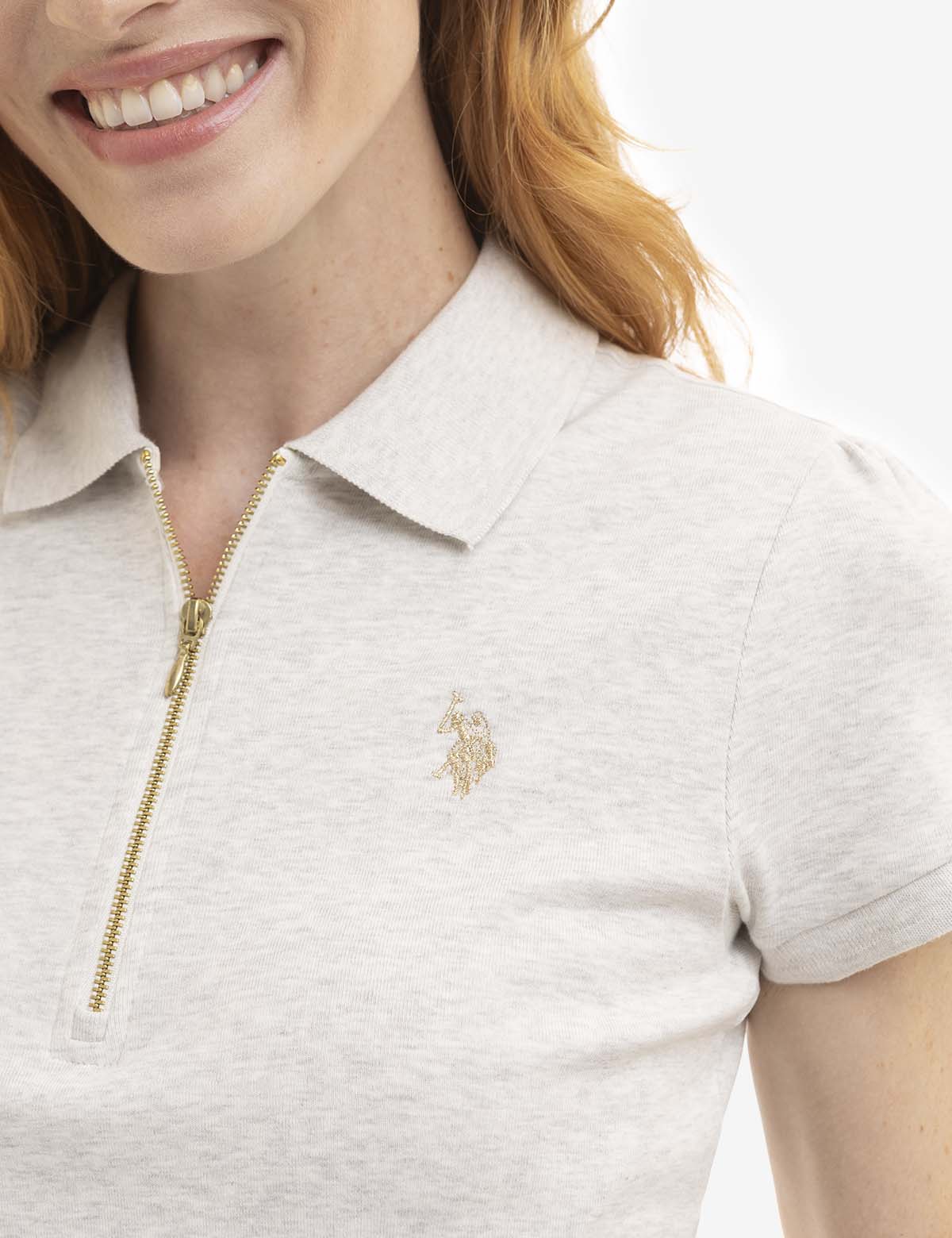 Women's Heather Polo Shirt with Half Zip & Puff Sleeves