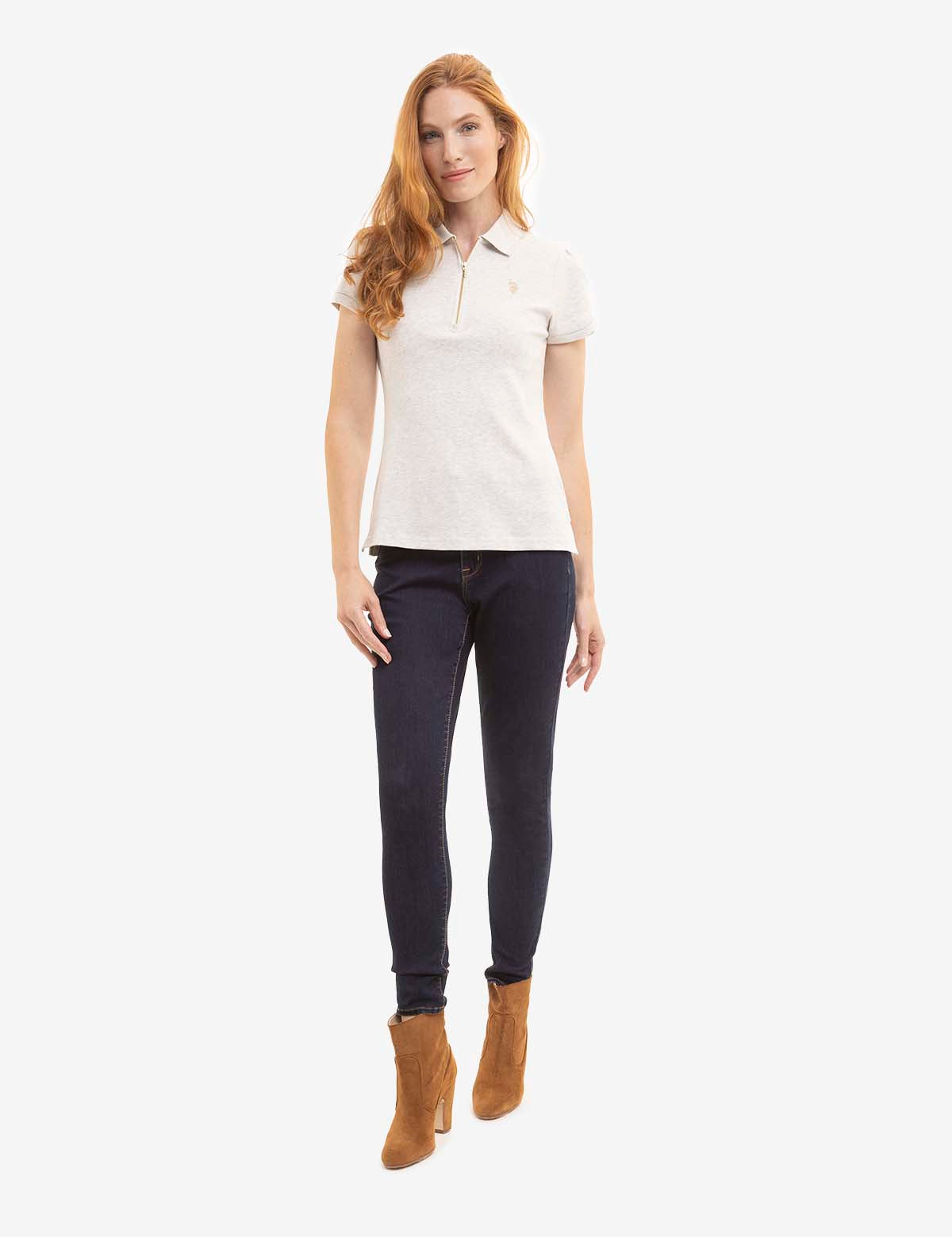 Women's Heather Polo Shirt with Half Zip & Puff Sleeves