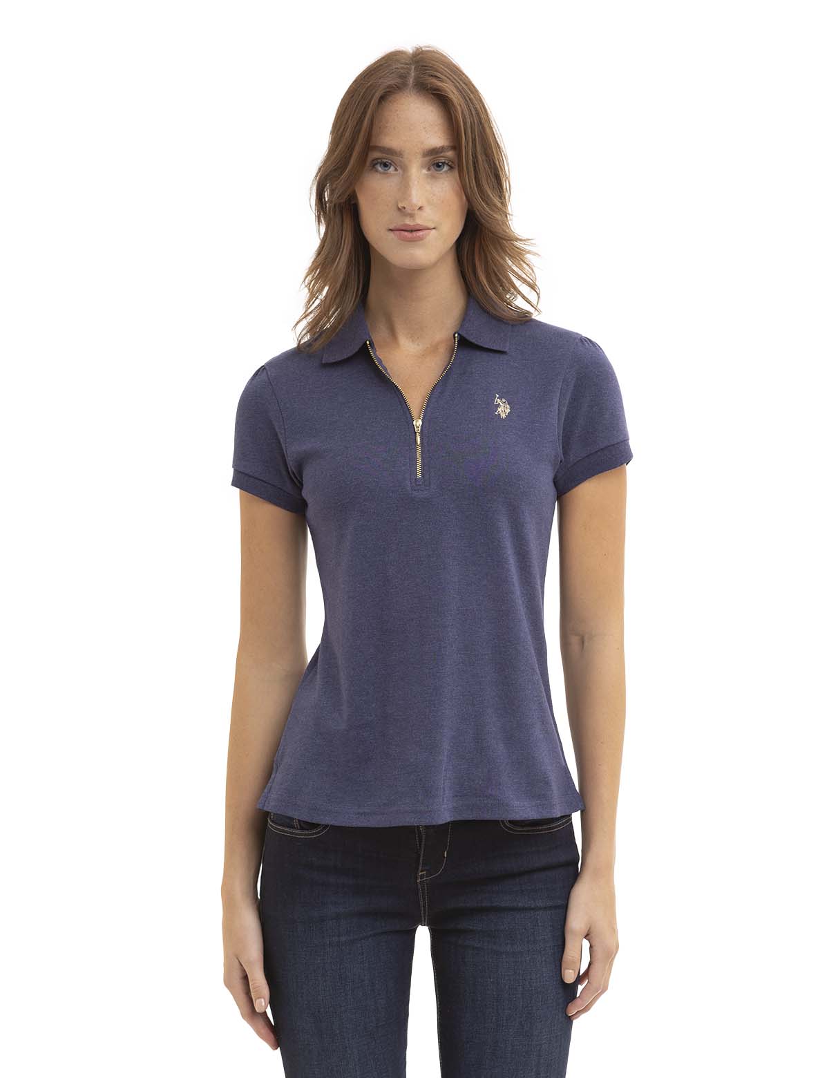 Women's Heather Polo Shirt with Half Zip & Puff Sleeves