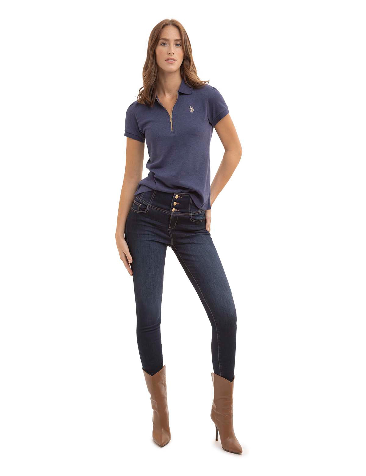 Women's Heather Polo Shirt with Half Zip & Puff Sleeves