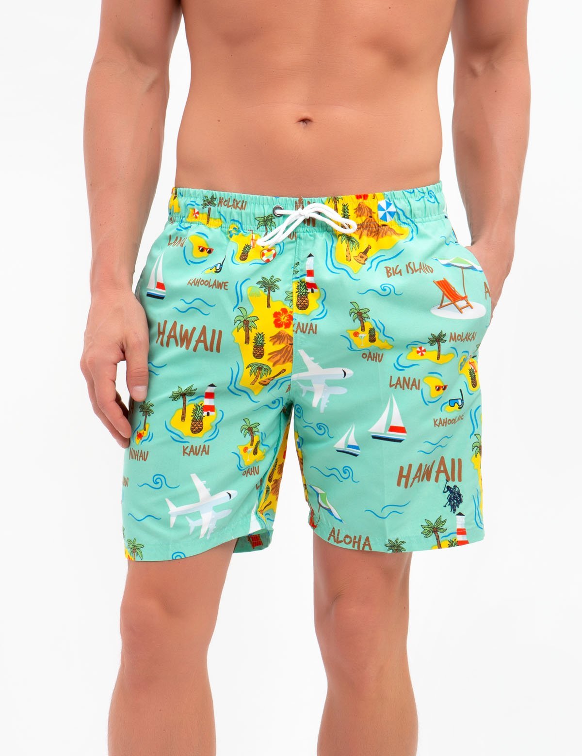 Hawaii Map Swim Trunks for Men - Quick Dry Polyester Board Shorts