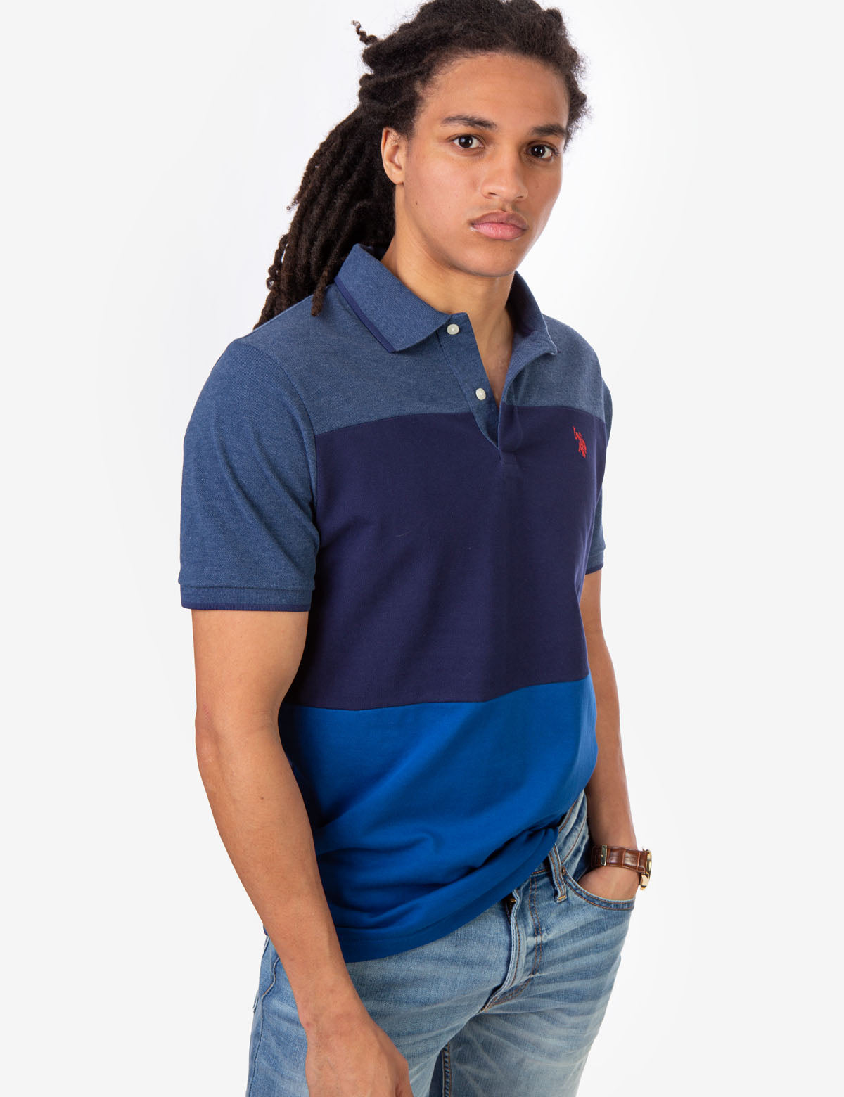 Men's Heather Colorblock Stripe Polo Shirt with Embroidered Logo