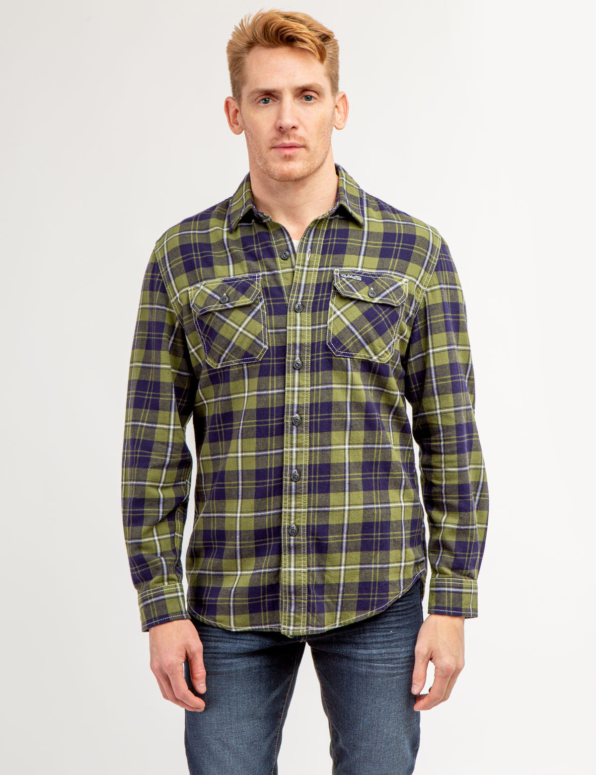 Heavy Cotton Twill Plaid Shirt with Chest Pockets