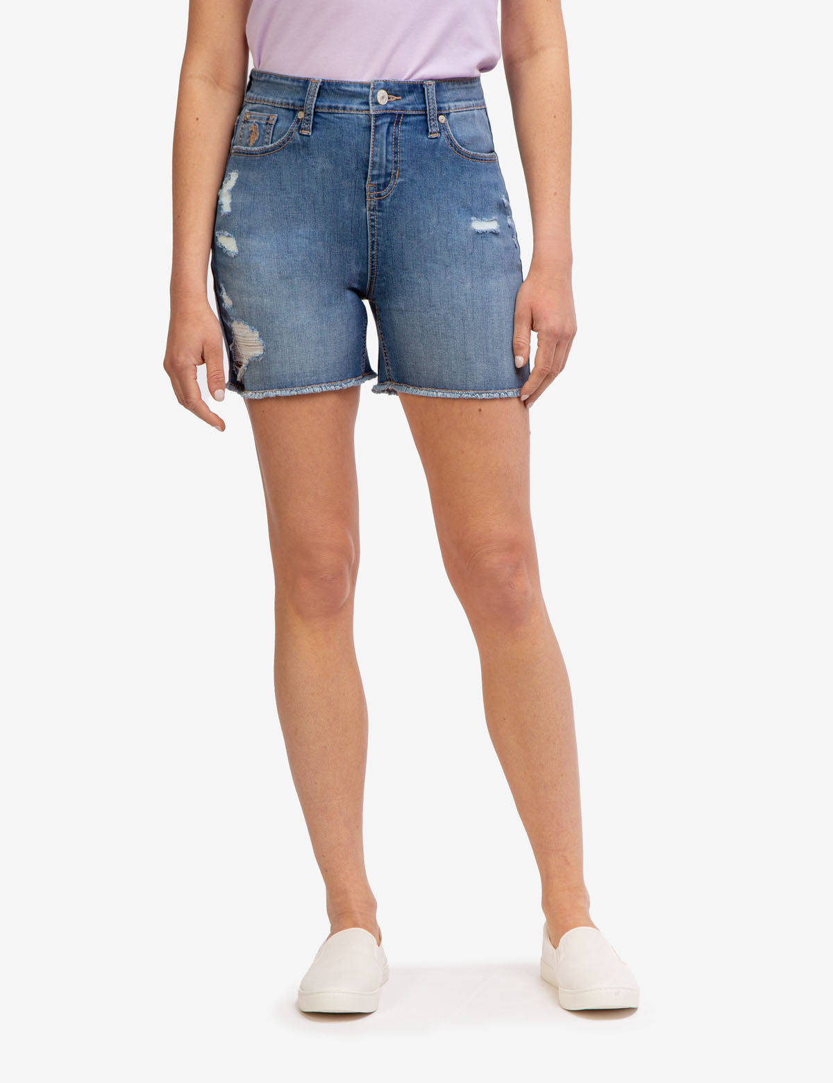 High Rise Distressed Denim Shorts with Frayed Hems