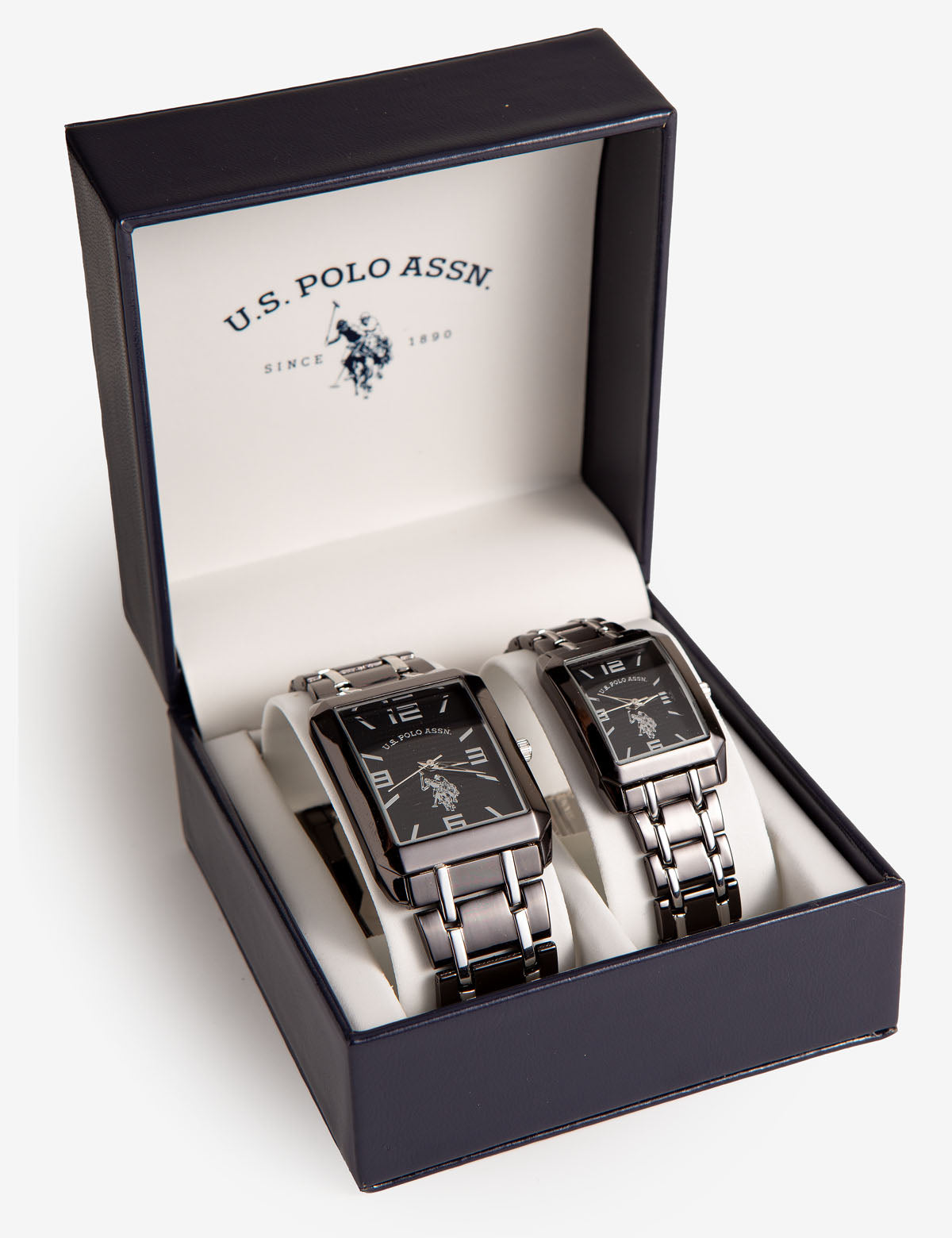Gun Metal Rectangular His and Hers Watch Set - Silver & Black Dial