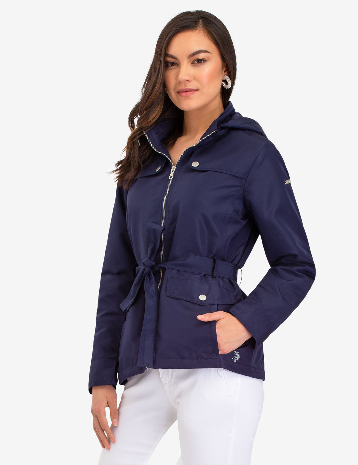 Women's Hooded Belted Jacket with Detachable Hood & Pockets