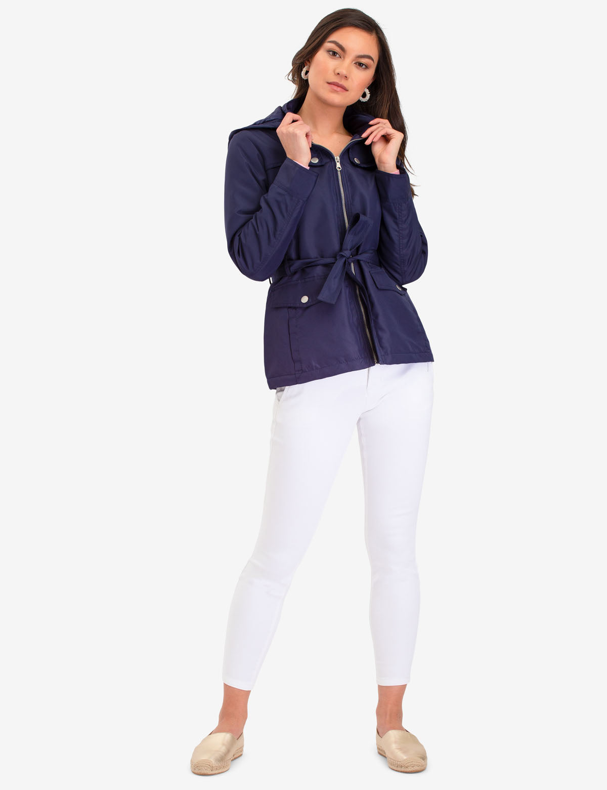 Women's Hooded Belted Jacket with Detachable Hood & Pockets