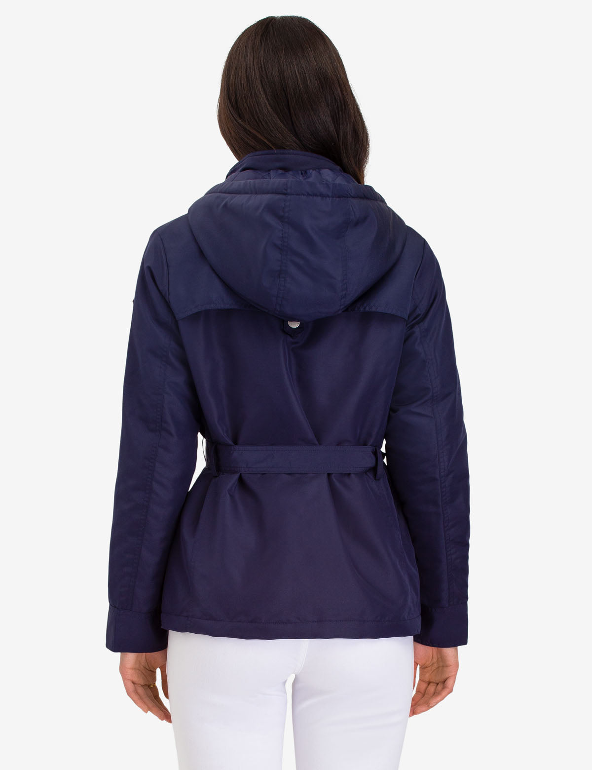 Women's Hooded Belted Jacket with Detachable Hood & Pockets