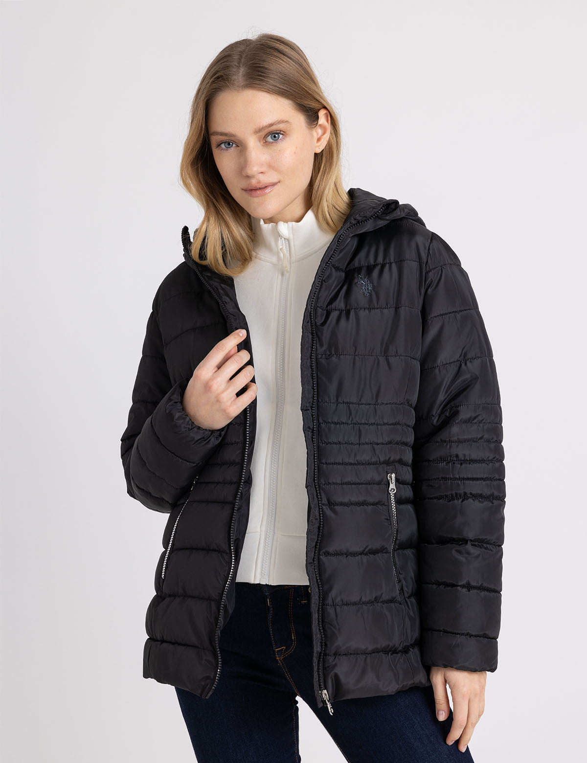 Women's Hooded Puffer Jacket with Slash Pockets - Winter Coat