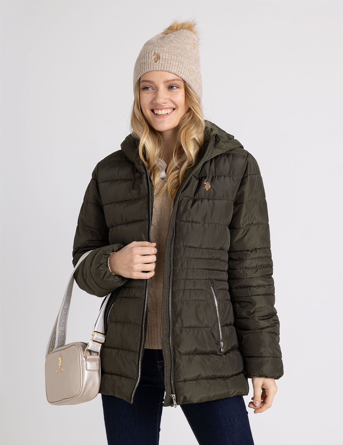 Women's Hooded Puffer Jacket with Slash Pockets - Winter Coat