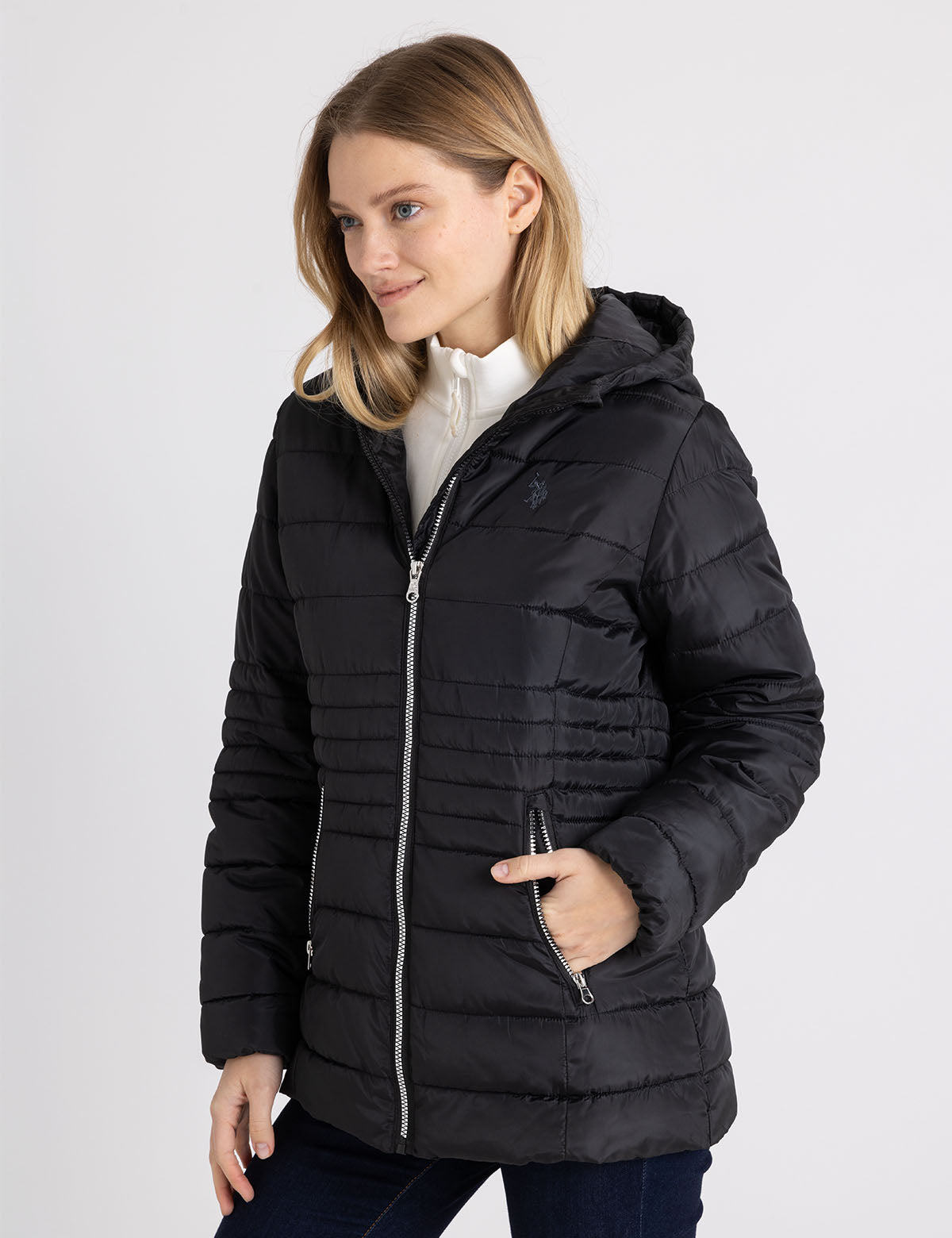 Women's Hooded Puffer Jacket with Slash Pockets - Winter Coat