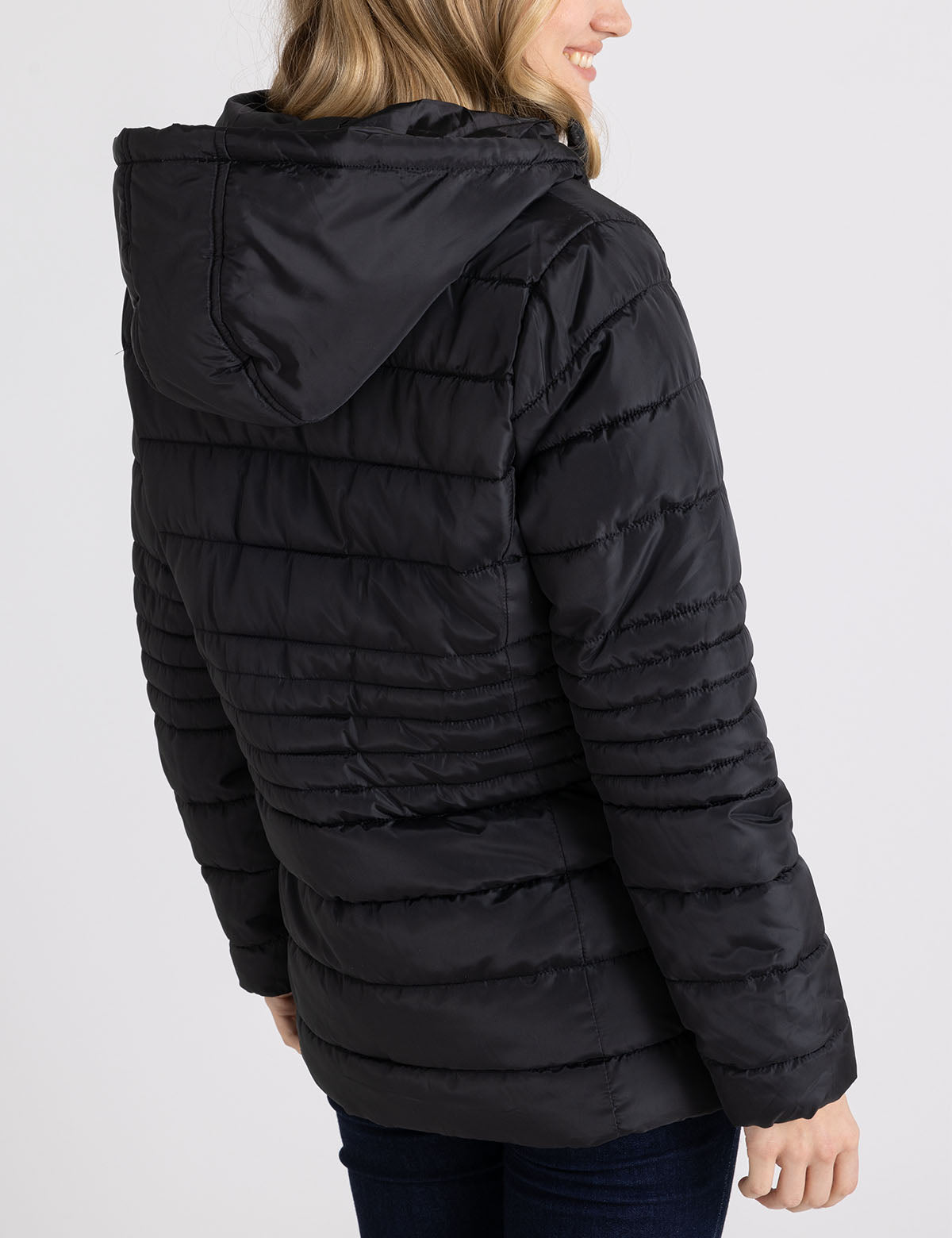 Women's Hooded Puffer Jacket with Slash Pockets - Winter Coat