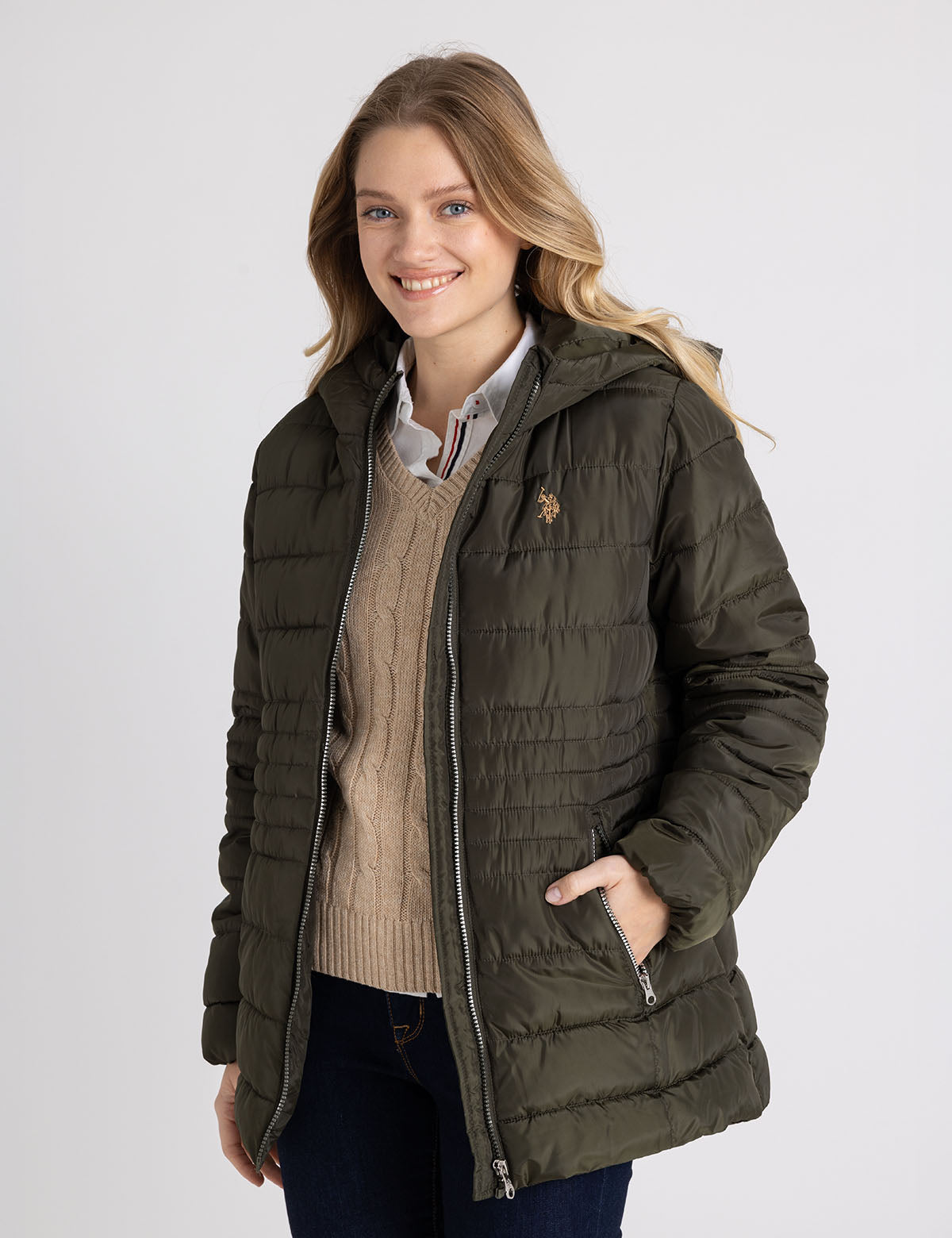 Women's Hooded Puffer Jacket with Slash Pockets - Winter Coat