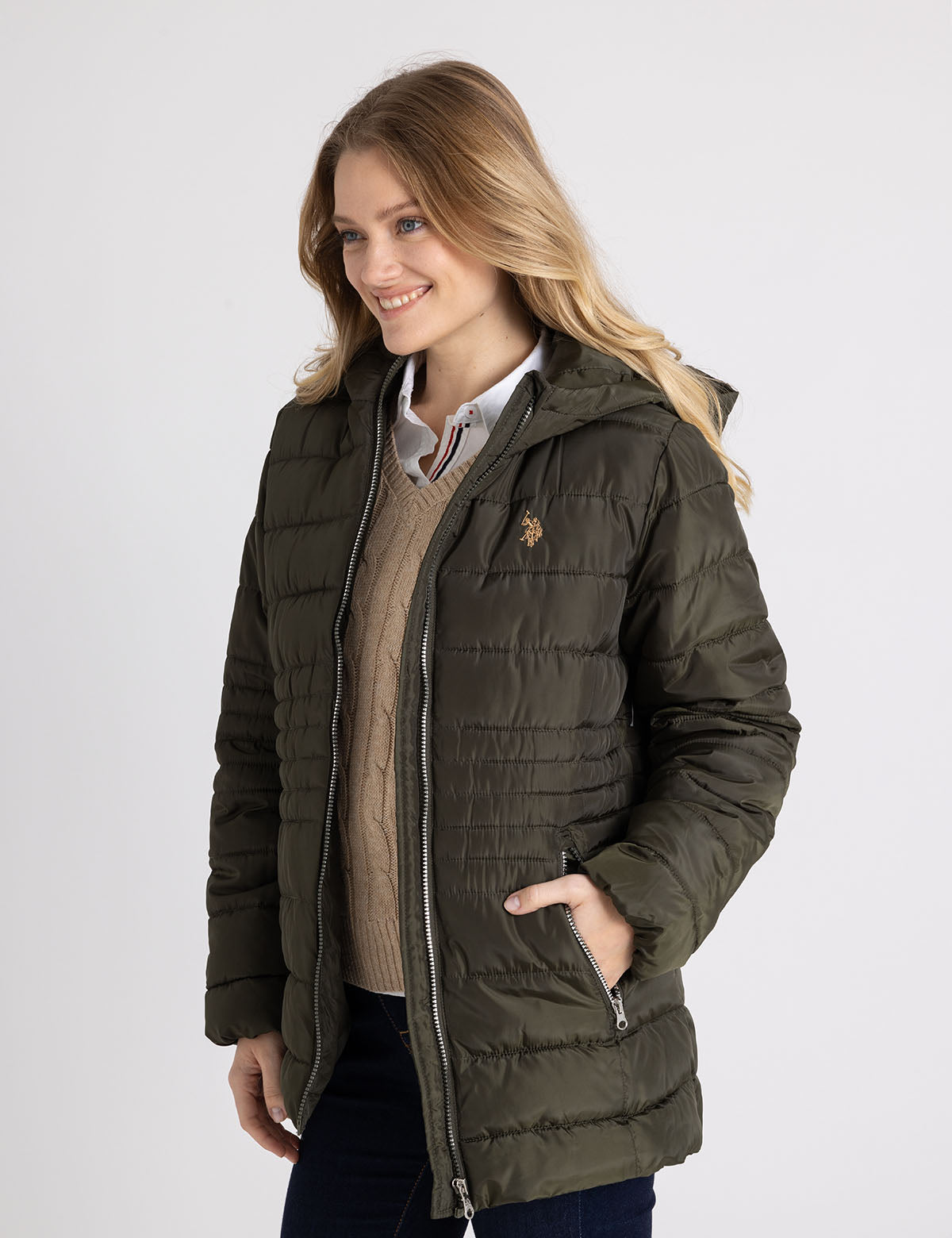 Women's Hooded Puffer Jacket with Slash Pockets - Winter Coat