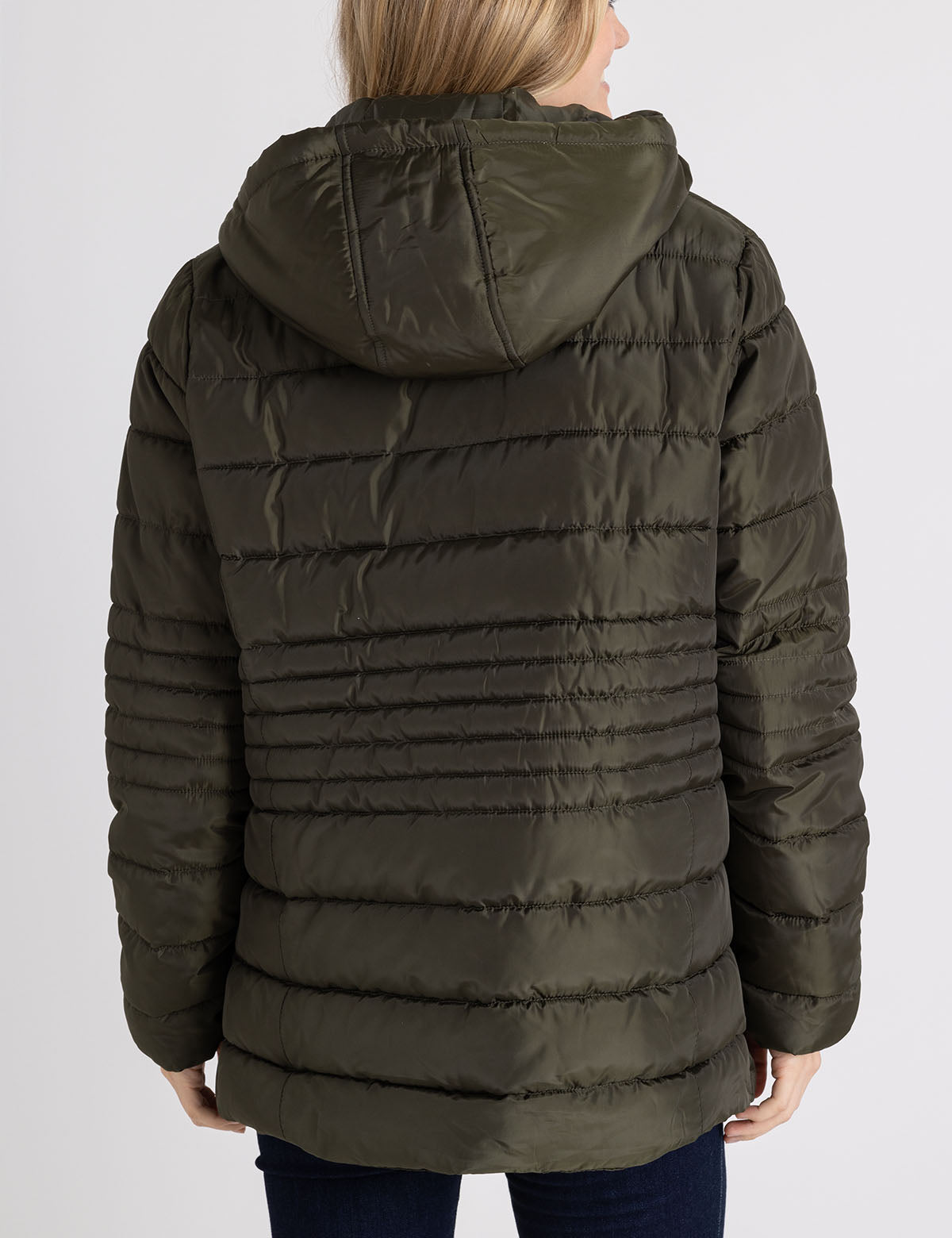 Women's Hooded Puffer Jacket with Slash Pockets - Winter Coat