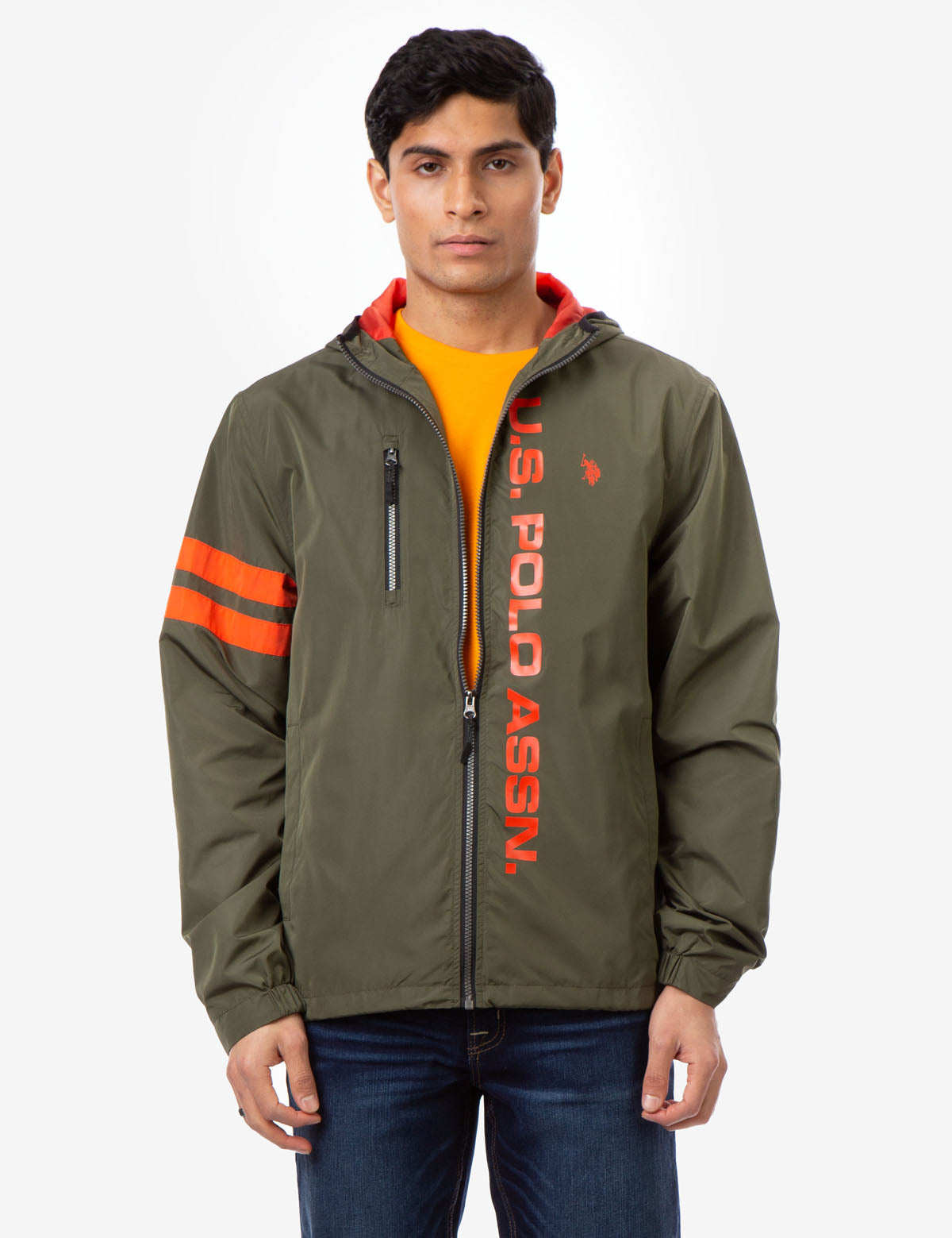 U.S. Polo Assn Hooded Stripe Windbreaker Jacket with Zipper