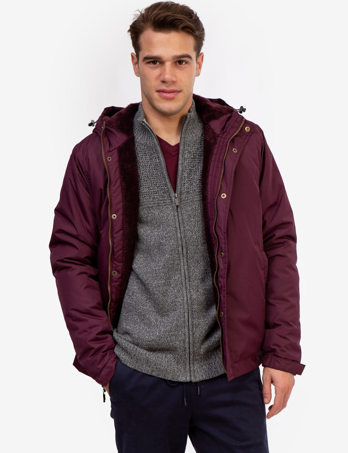 Men's Sherpa-Lined Hooded Windbreaker Jacket