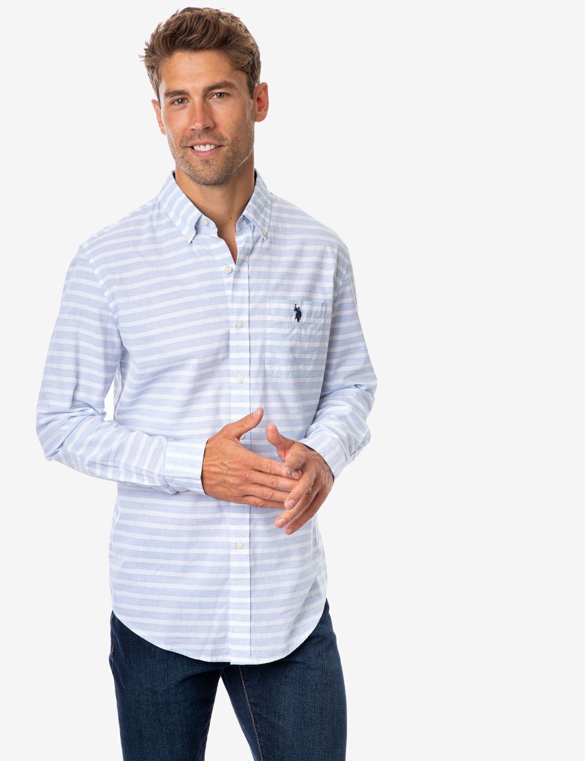 Men's Horizontal Stripe Poplin Shirt with Button Cuffs