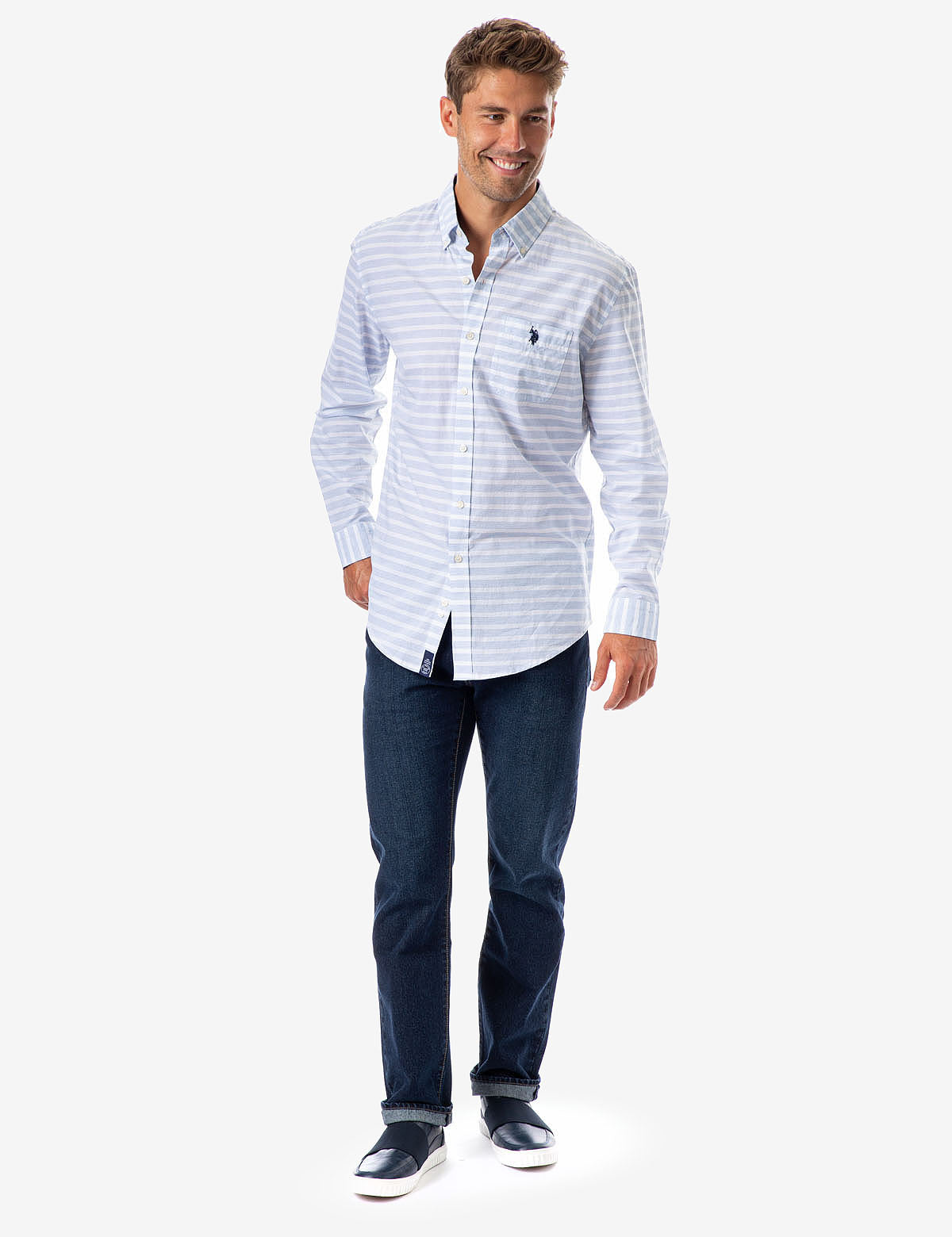 Men's Horizontal Stripe Poplin Shirt with Button Cuffs