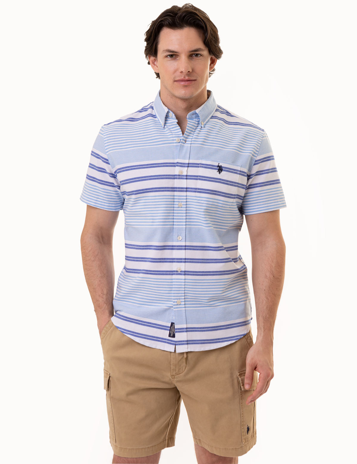 Men's Horizontal Stripe Short Sleeve Oxford Shirt - Cotton Blend