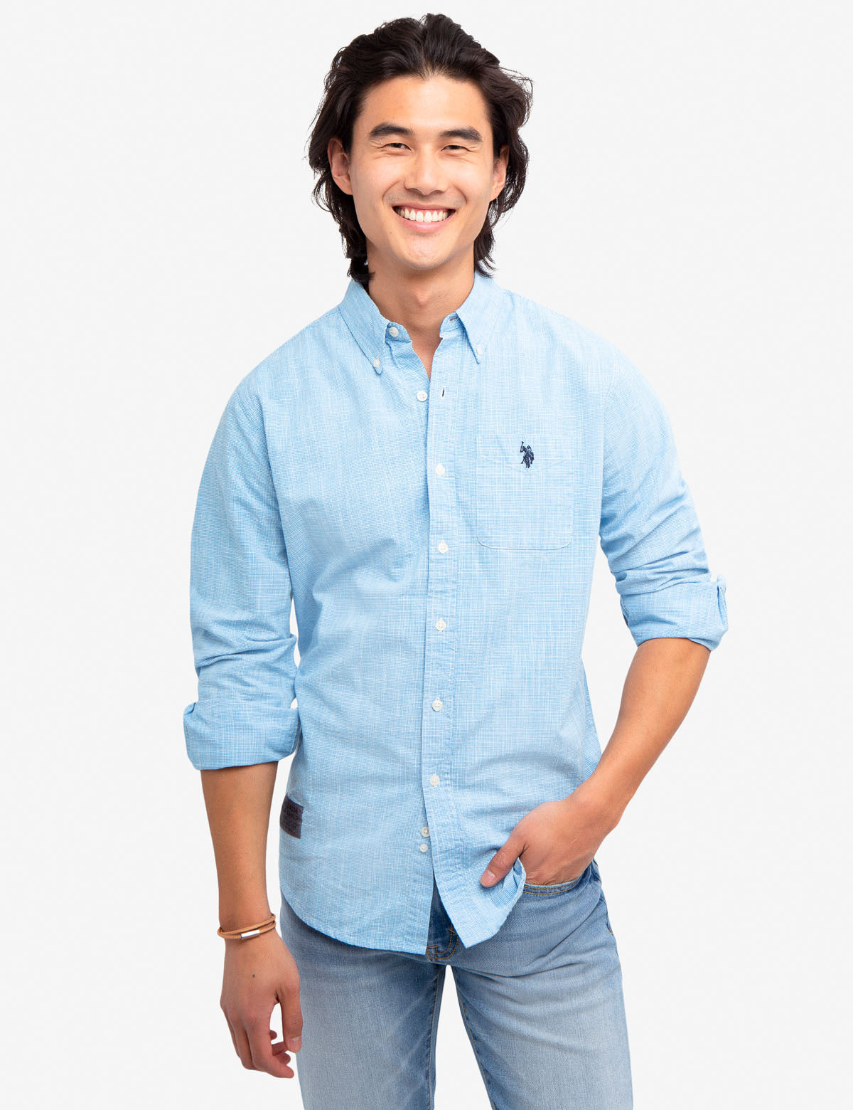 Houndstooth Slub Cotton Shirt with Embroidered Logo