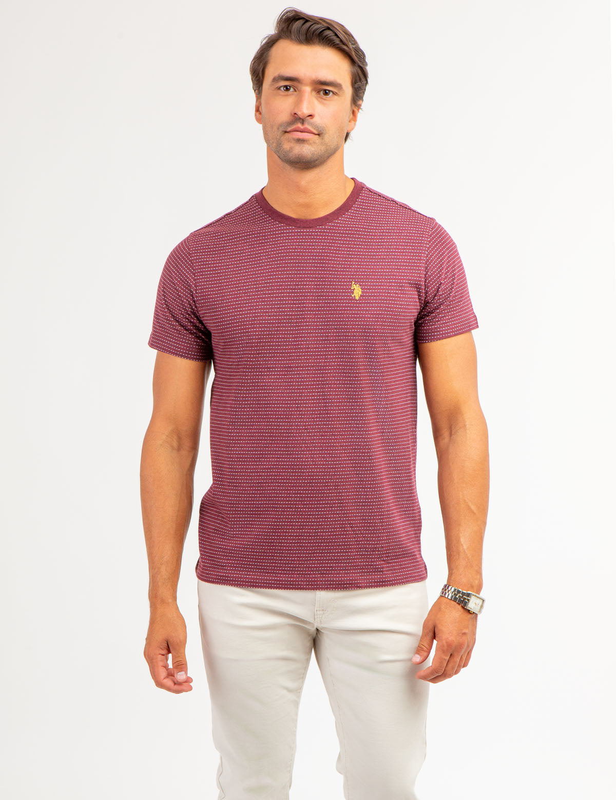 Men's Jacquard Micro Stripe T-Shirt with Contrast Stitch Logo