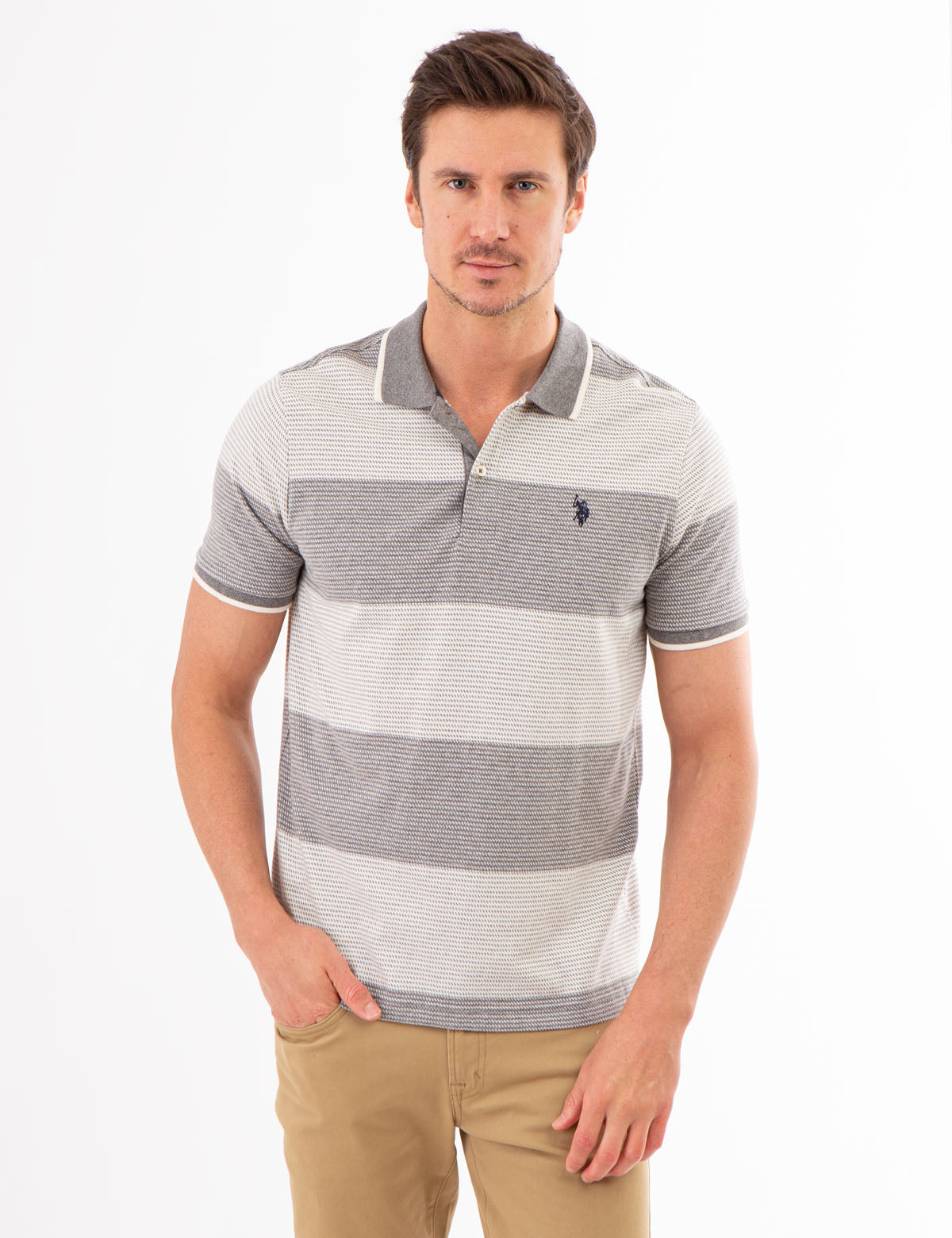 Men's Jacquard Striped Polo Shirt - Premium Cotton Jersey with Embroidered Logo