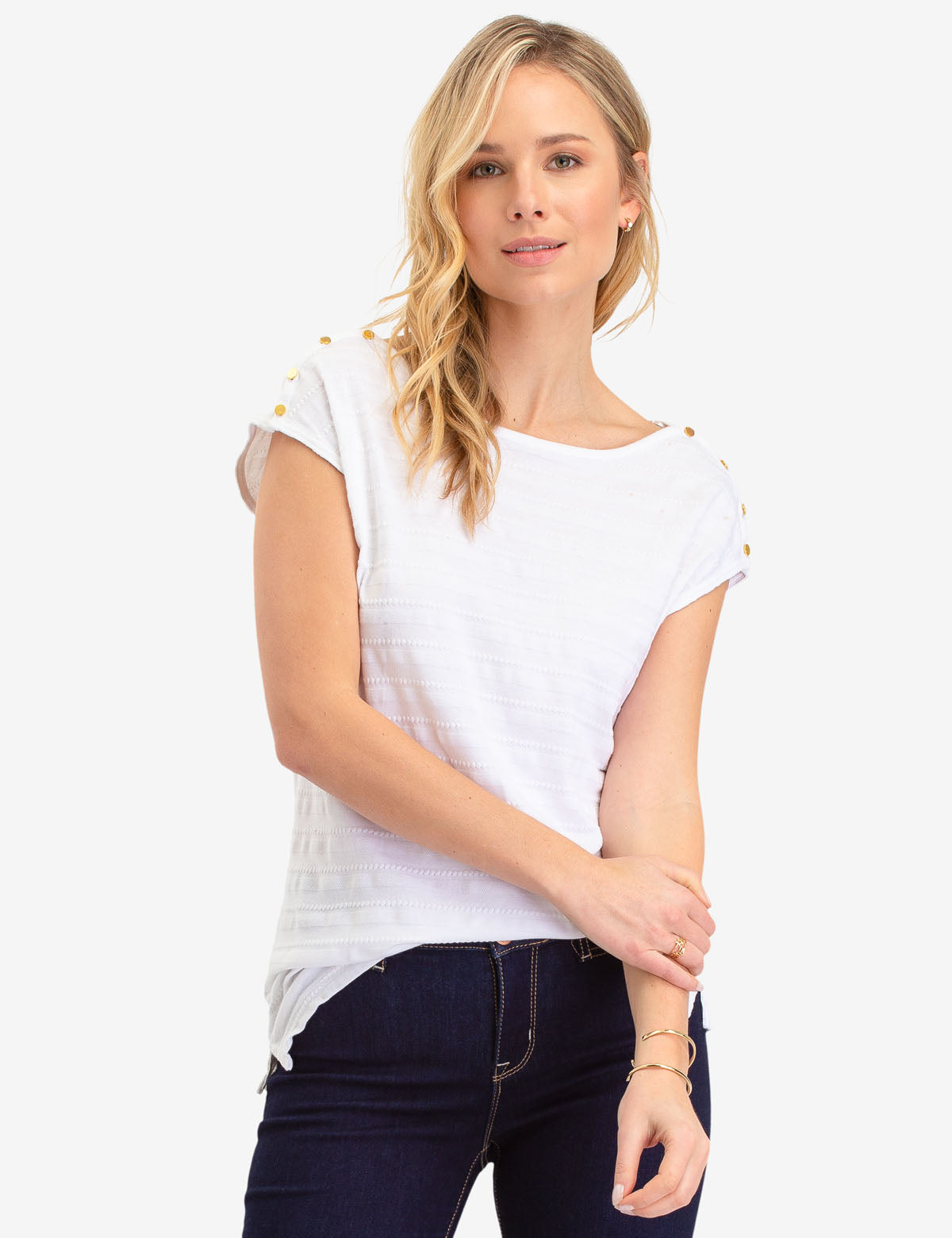 Women's Striped Jacquard Top with Stud Detail Cap Sleeves