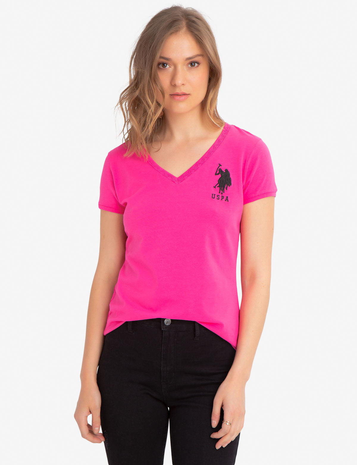 Lace V-Neck T-Shirt with Embroidered Logo & Short Sleeves