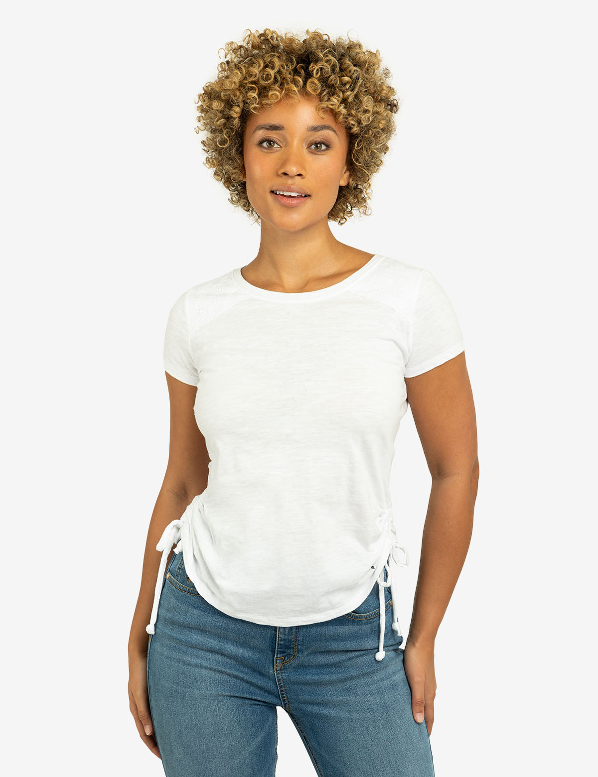 Lace Shoulder Tie Top with Side Ruching