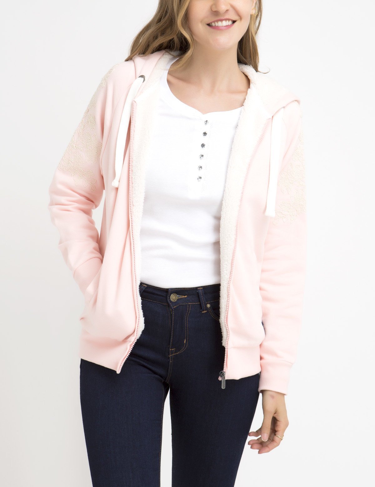Lace Sleeve Zip-Up Hoodie with Embroidered Logo