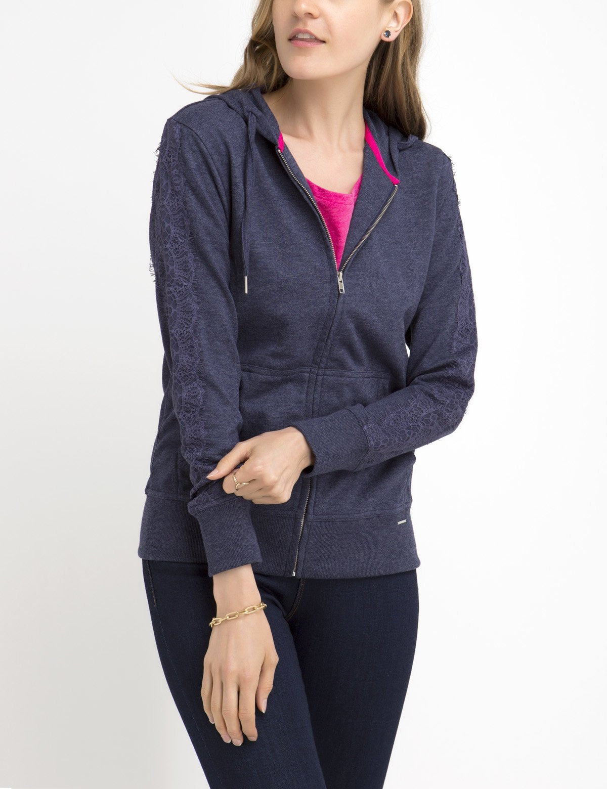 Women's Lace Sleeve Zip Up Hoodie with Embroidered Logo