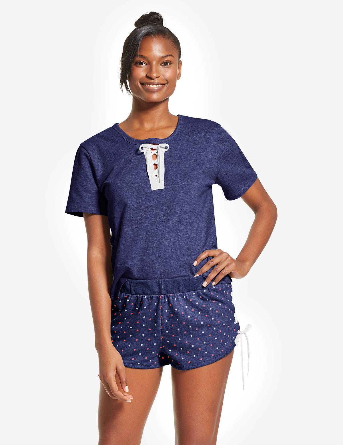 Lace Up Dot Print Shorts Set with T-Shirt - Cotton Casual Outfit