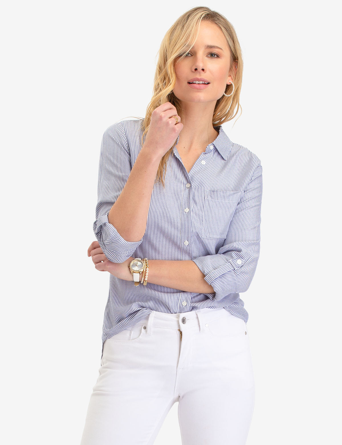 Lace Up Striped Long Sleeve Shirt with Point Collar