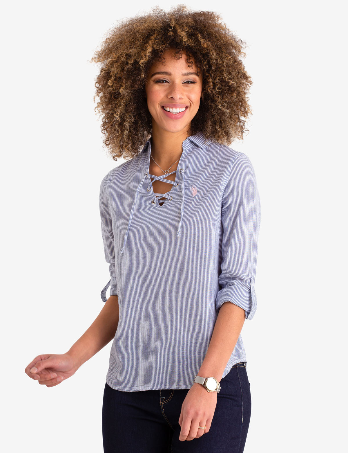 Women's Lace-Up V-Neck Cotton Top with Long Sleeves