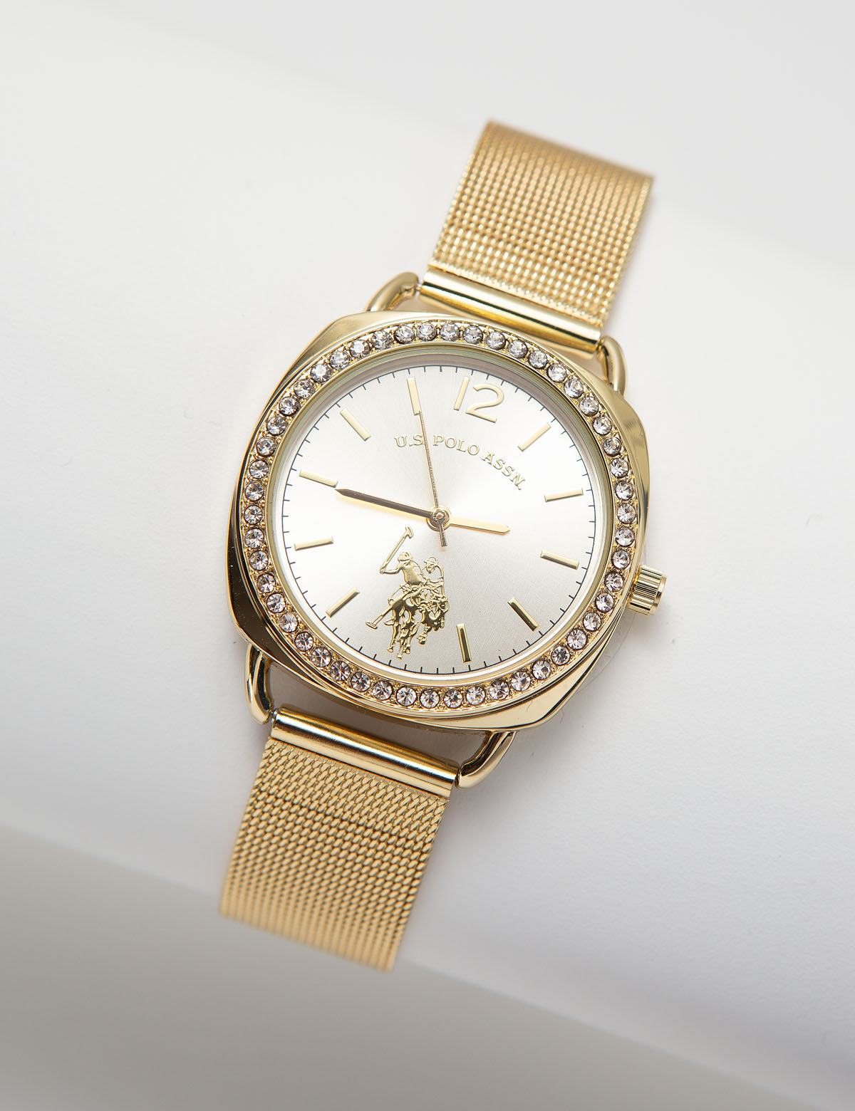 U.S. Polo Assn Ladies Gold Mesh Watch with Crystal Accents