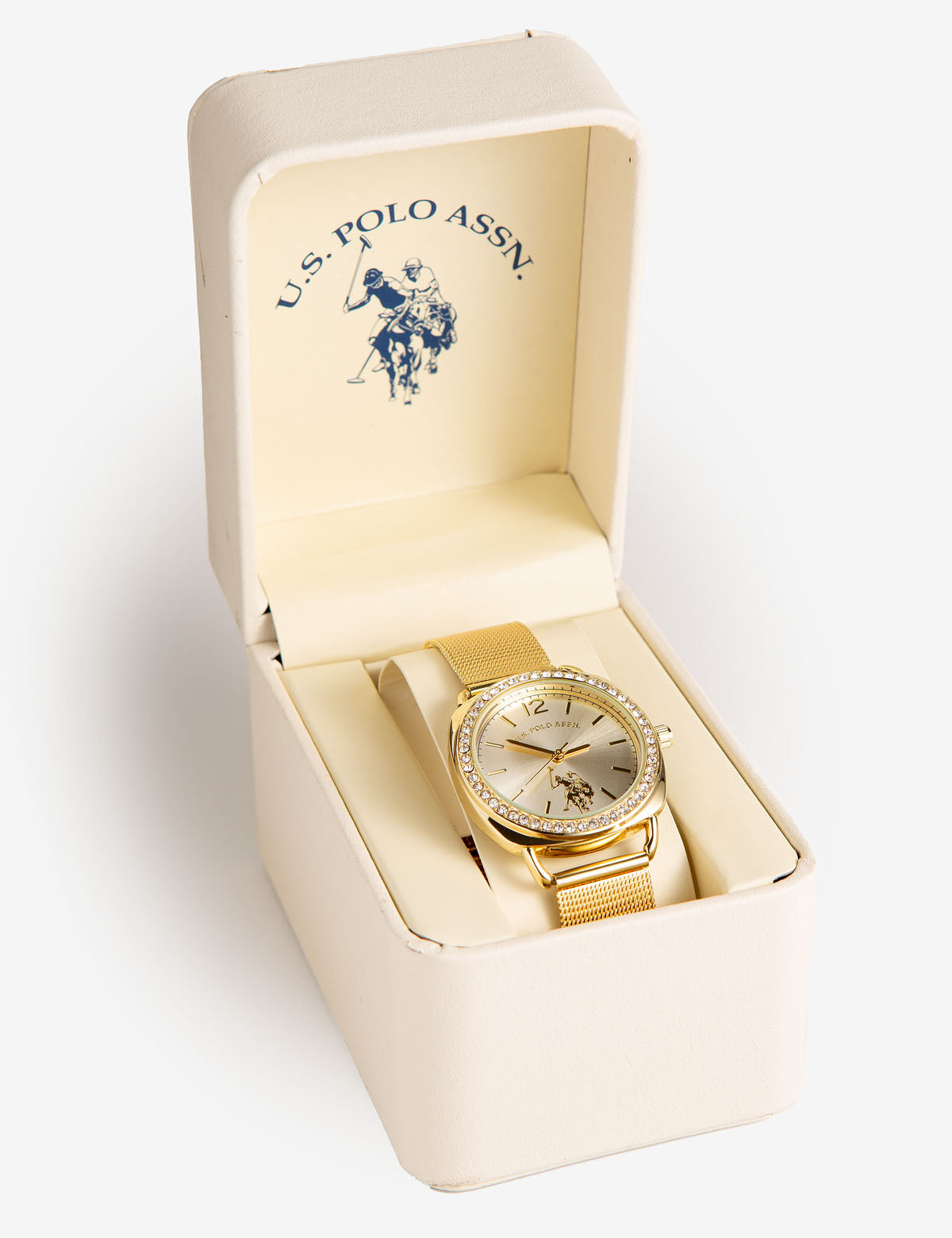 U.S. Polo Assn Ladies Gold Mesh Watch with Crystal Accents