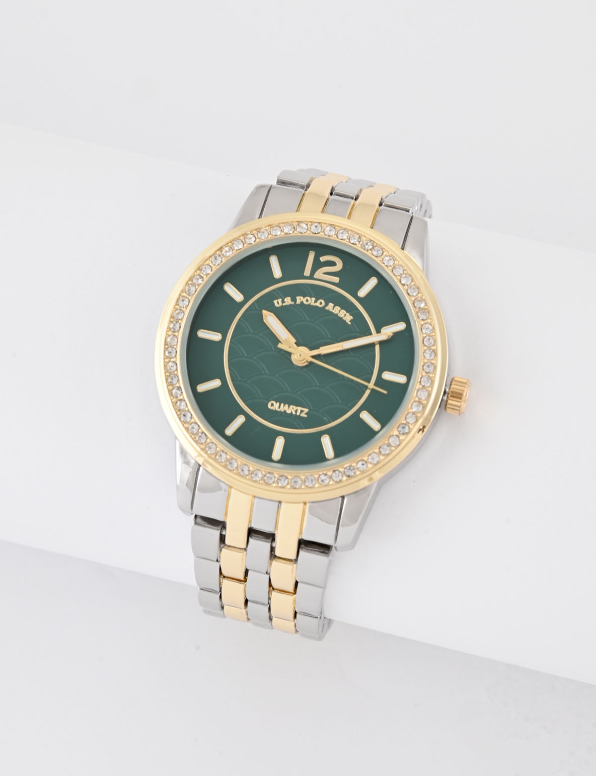 Ladies Silver Gold Link Watch with Green Face