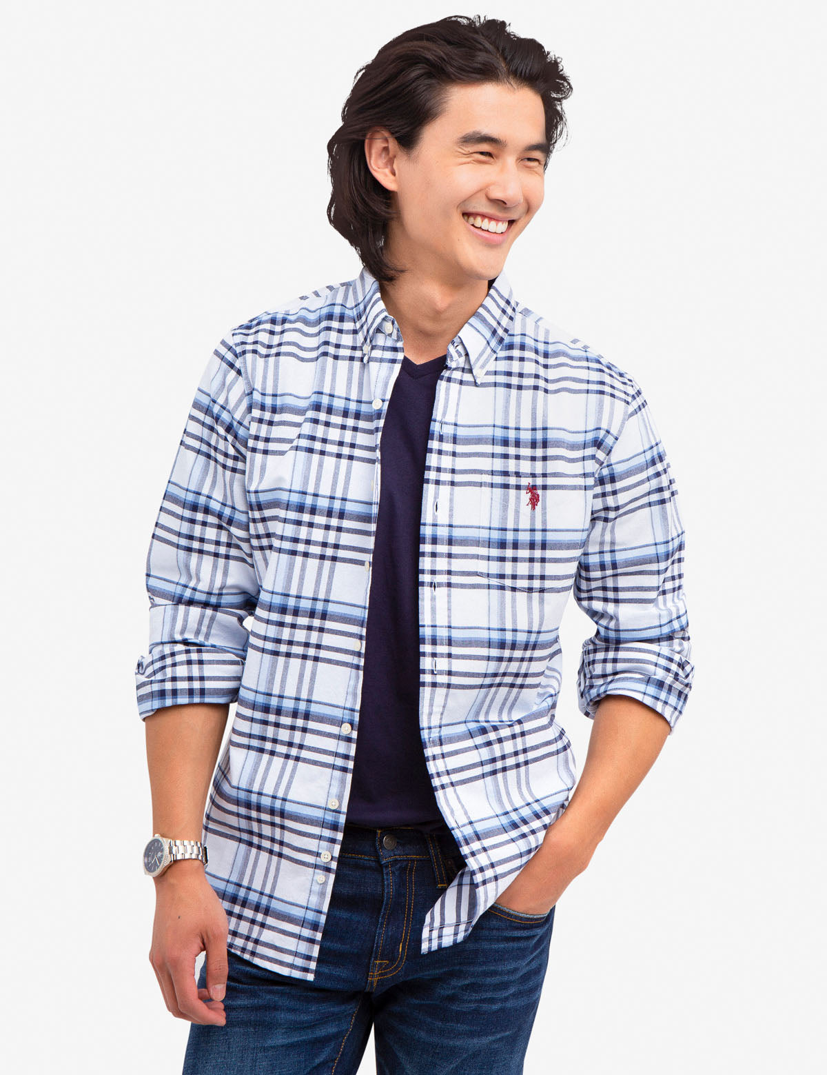 Men's Large Plaid Oxford Shirt - Button-Up Long Sleeve Casual