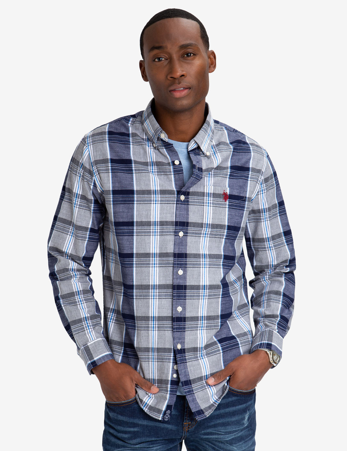 Men's Large Plaid Cotton Shirt with Embroidered Logo
