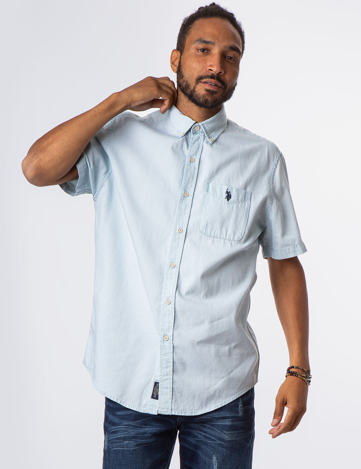 Light Wash Slim Fit Denim Shirt with Short Sleeves