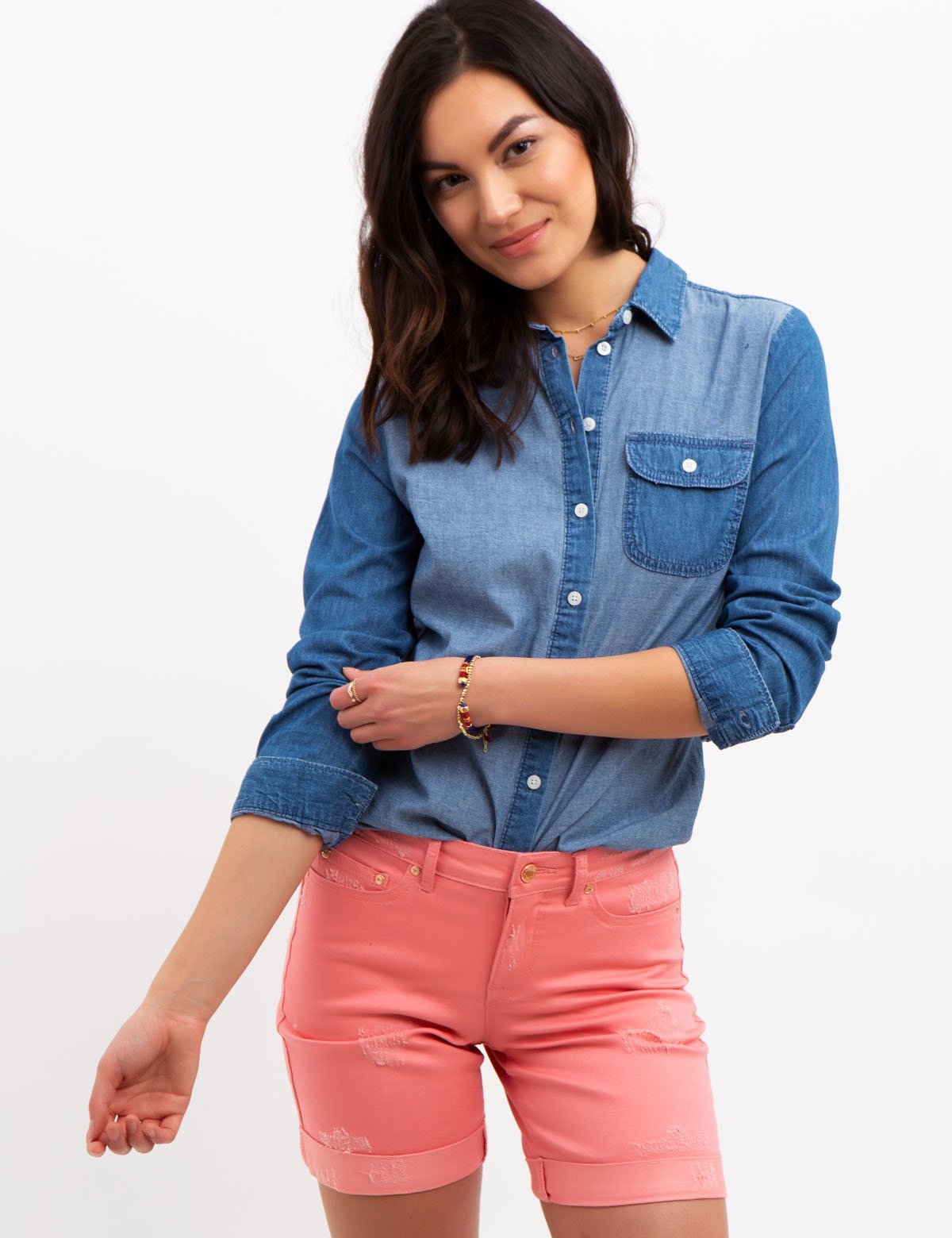 Women's Long Sleeve Denim Shirt with Button Cuffs & Pocket