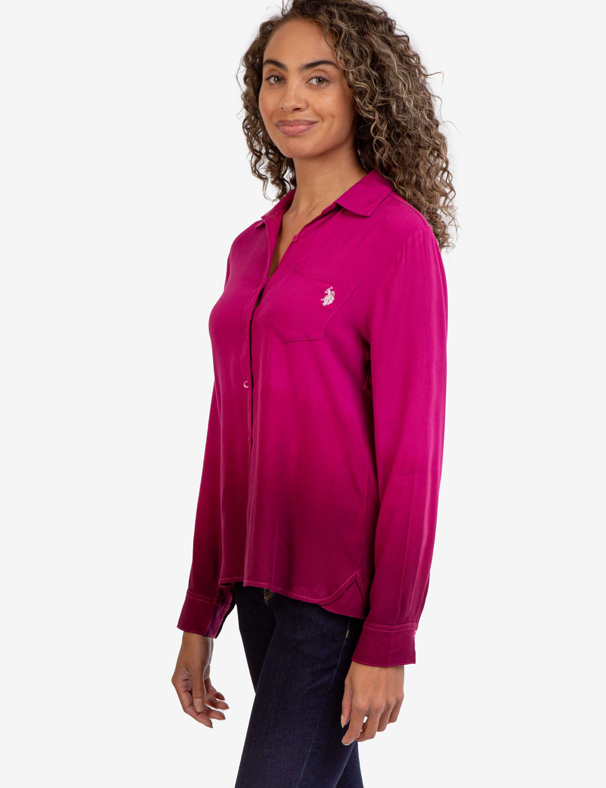 Men's Long Sleeve Dip Dye Shirt with Button Front & Embroidered Logo