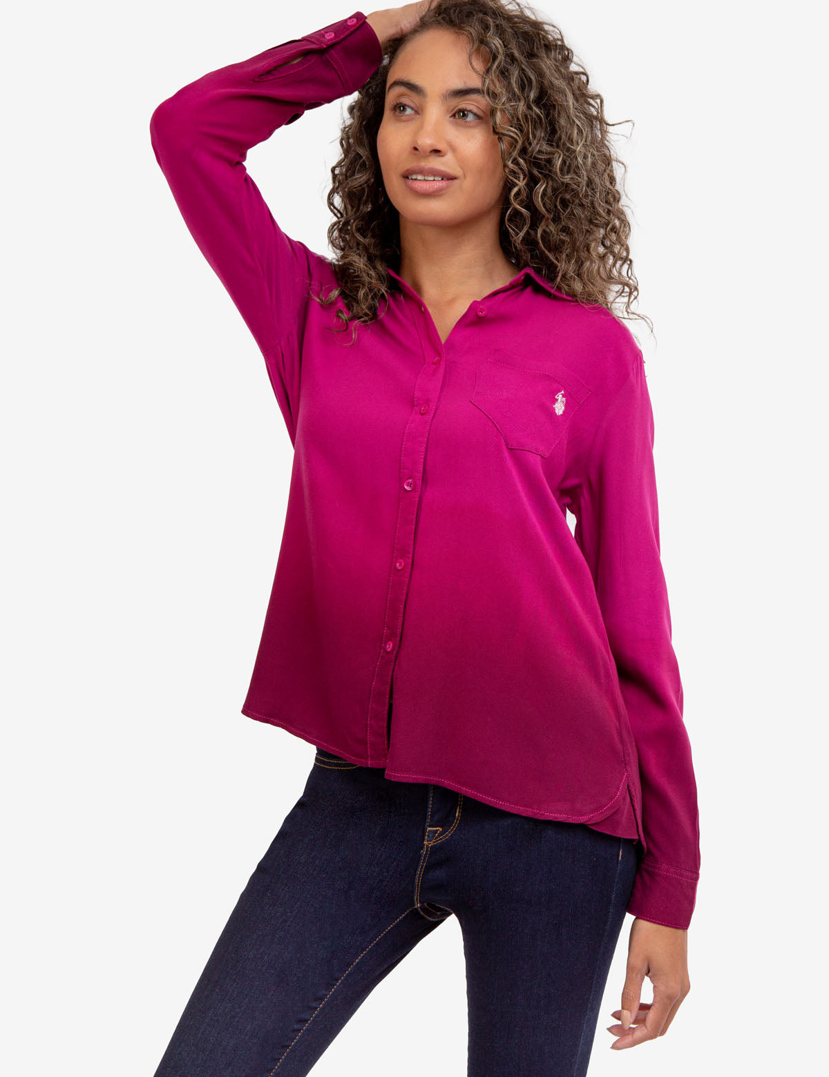 Men's Long Sleeve Dip Dye Shirt with Button Front & Embroidered Logo