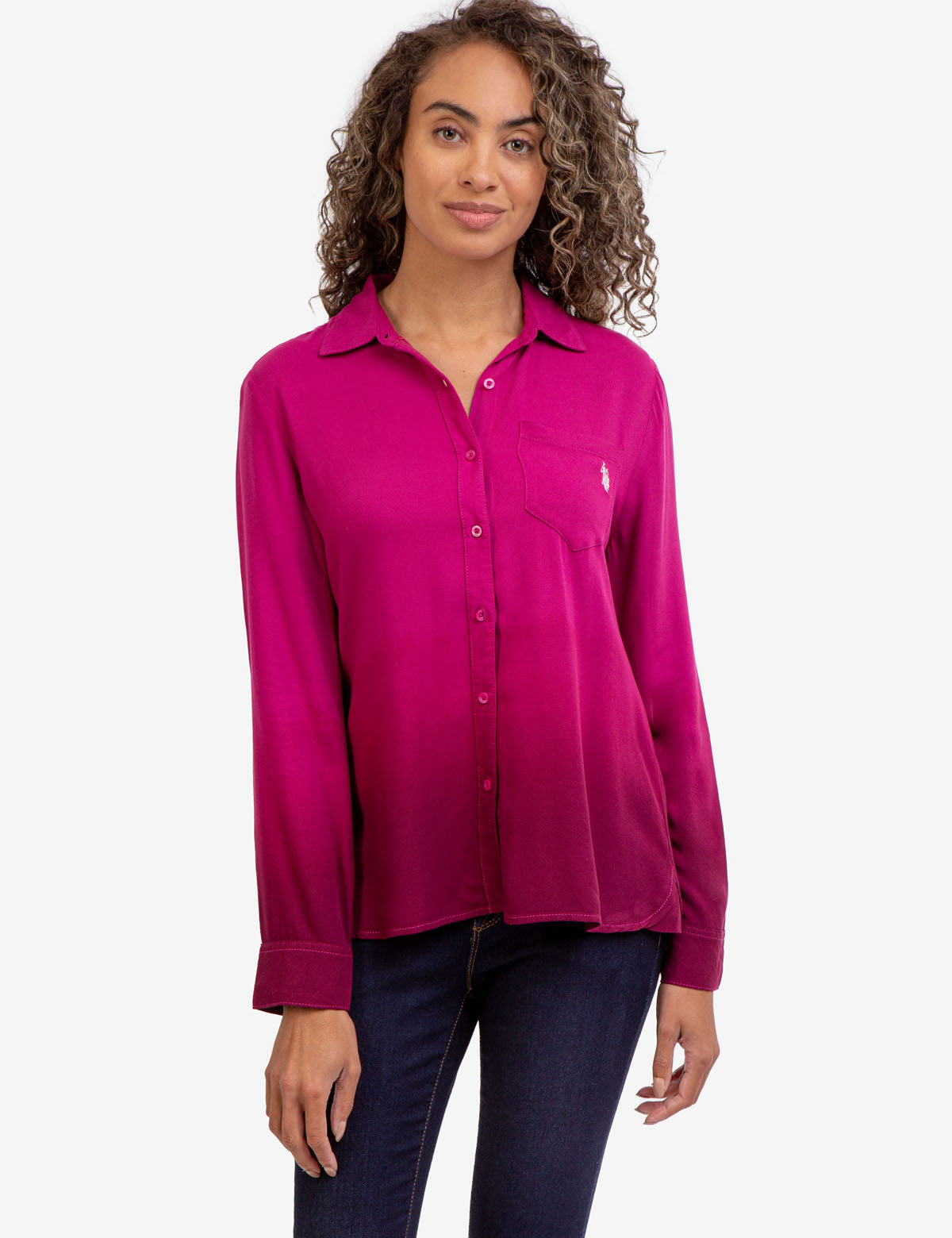 Men's Long Sleeve Dip Dye Shirt with Button Front & Embroidered Logo