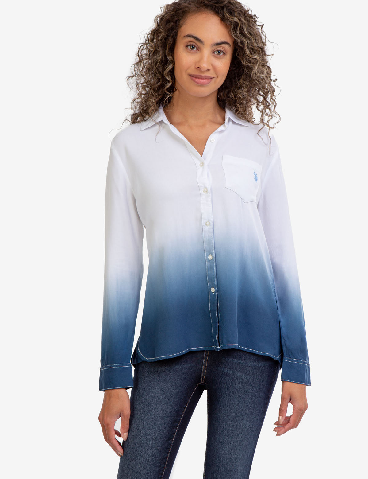 Men's Long Sleeve Dip Dye Shirt with Button Front & Embroidered Logo