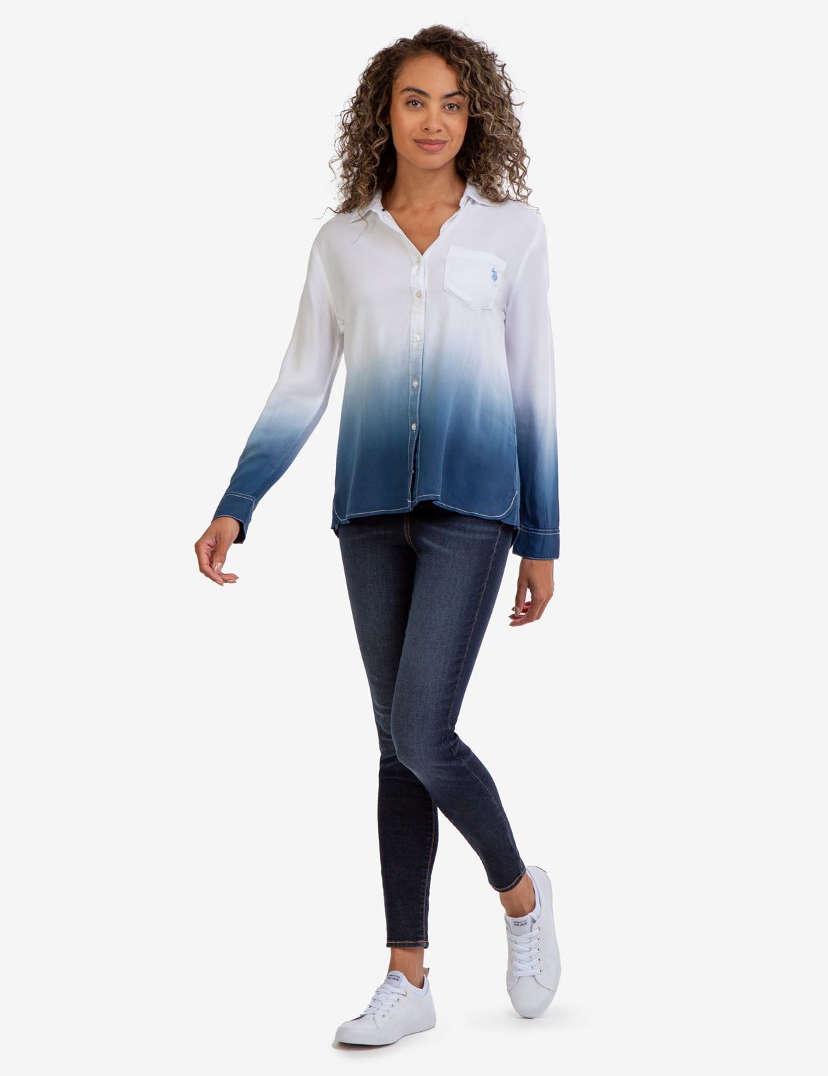 Men's Long Sleeve Dip Dye Shirt with Button Front & Embroidered Logo