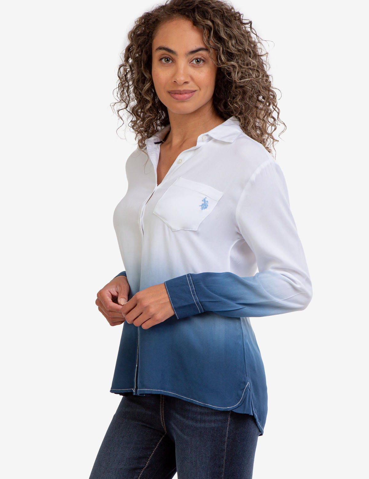 Men's Long Sleeve Dip Dye Shirt with Button Front & Embroidered Logo