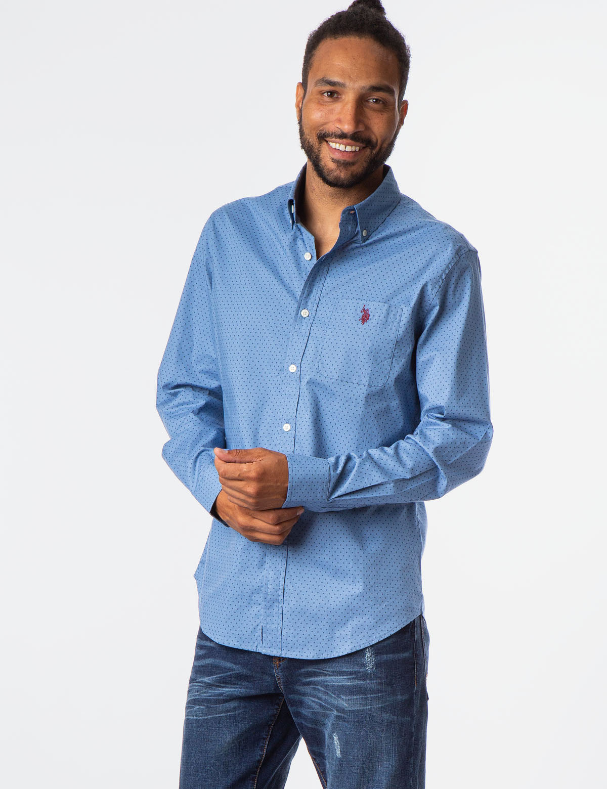 Men's Cotton Long Sleeve Dot Print Button-Up Shirt